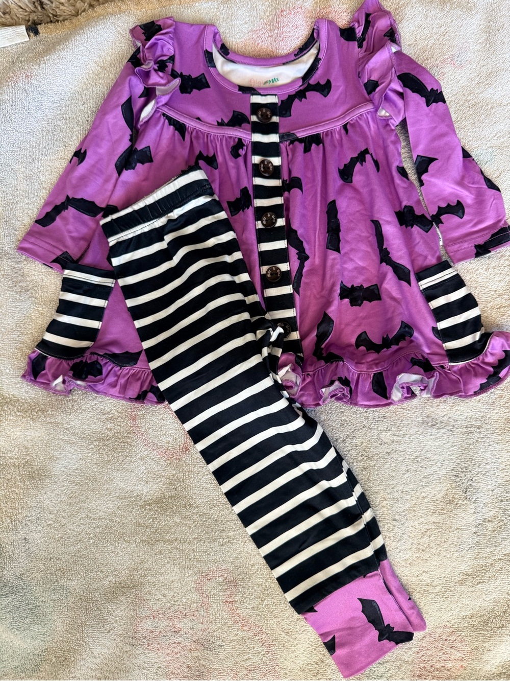 Purple Bat-Print Toddler Matching Set with Striped Leggings